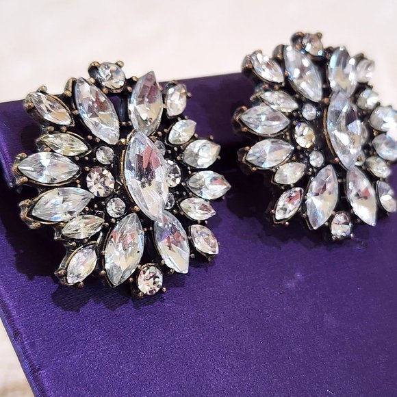 Vintage Large Marquis and Round Rhinestone Statement Stud Pierced Earrings - Picture 4 of 9